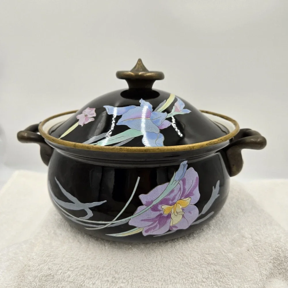 Vtg Mikasa Grande Chef UN710 Charisma Black Enamel Pot Cookware Iris Floral